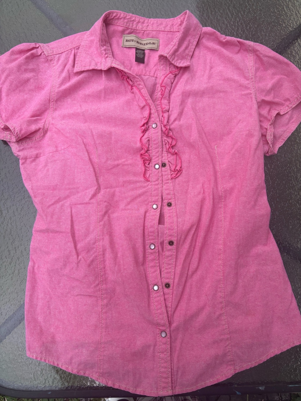 Bit & Bridle Pink Ruffle-Trim Button-Down Top